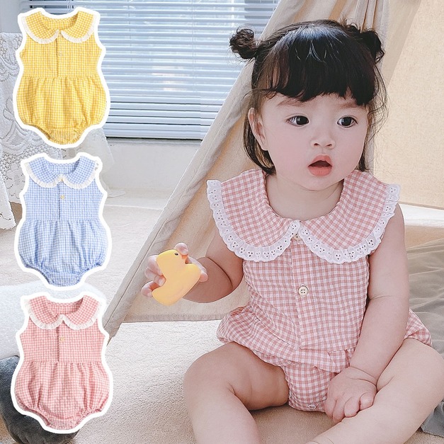 【BA069】韓版花邊圓領格紋無袖包屁衣(3色) 【BA069】韓版花邊圓領格紋無袖包屁衣(3色)