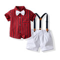 【BB101】韓版小領結紅條紋兩件式吊帶短袖短褲套裝(1色) 【BB101】韓版小領結紅條紋兩件式吊帶短袖短褲套裝(1色)