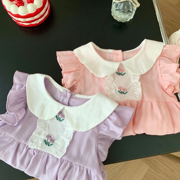 【BA273】韓版刺繡鬱金香圓領短袖包屁衣(2色) 【BA273】韓版刺繡鬱金香圓領短袖包屁衣(2色)
