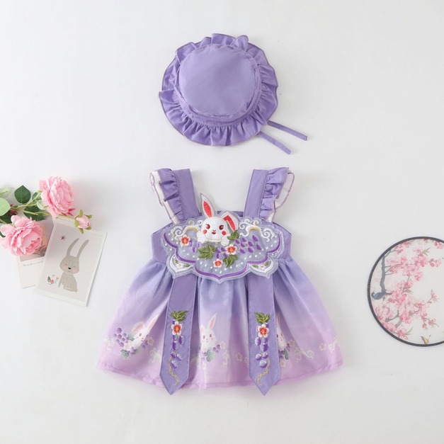 【BA305】中國風刺繡小花兔無袖包屁裙(送帽子)(1色) 【BA305】中國風刺繡小花兔無袖包屁裙(送帽子)(1色)