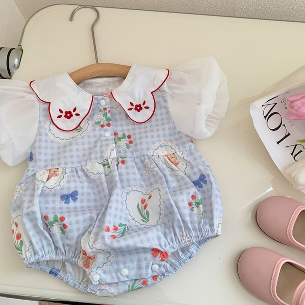 【BA298】韓版刺繡花格紋熊短袖包屁衣(1色) 【BA298】韓版刺繡花格紋熊短袖包屁衣(1色)