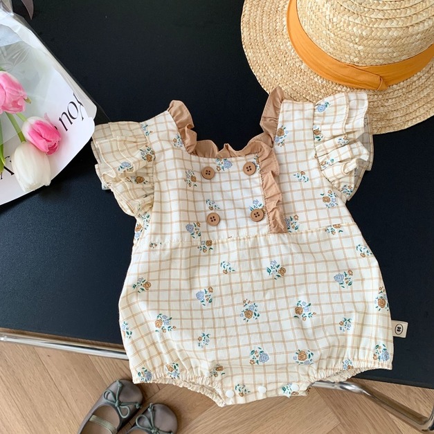 【BA327】韓版四鈕扣小碎花格紋無袖包屁衣(1色) 【BA327】韓版四鈕扣小碎花格紋無袖包屁衣(1色)