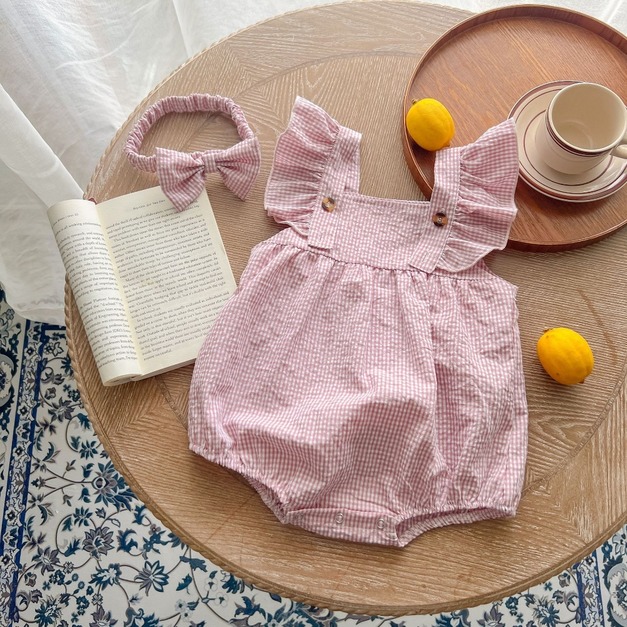 【BA432】韓版小格紋無袖包屁衣(送髮帶)(1色) 【BA432】韓版小格紋無袖包屁衣(送髮帶)(1色)