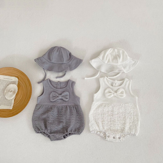 【BA607】日系純色蝴蝶結無袖包屁衣(送遮陽帽)(2色) 【BA607】日系純色蝴蝶結無袖包屁衣(送遮陽帽)(2色)