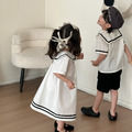 (缺貨)【BS121】韓版黑白線條水手服兄妹短袖洋裝套裝(1色)_2 (缺貨)【BS121】韓版黑白線條水手服兄妹短袖洋裝套裝(1色)_2