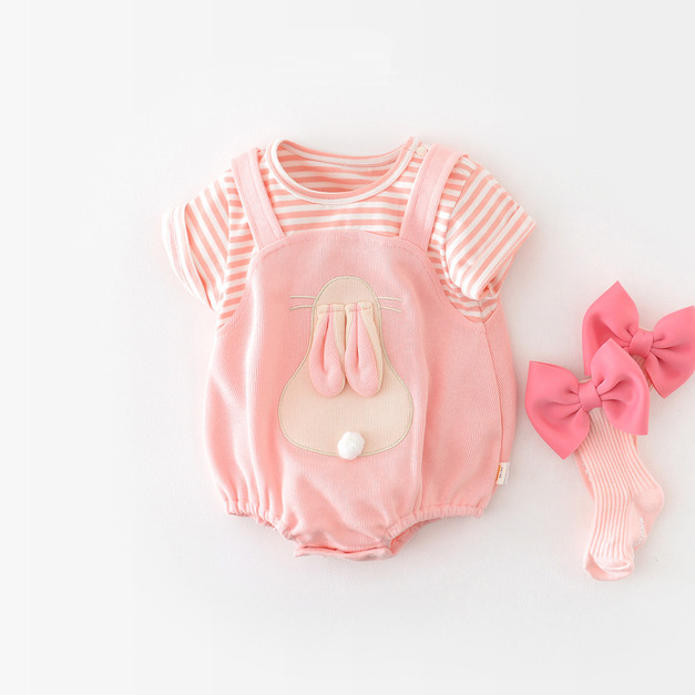 【BA674】日系立體背後兔假兩件短袖包屁衣(2色) 【BA674】日系立體背後兔假兩件短袖包屁衣(2色)