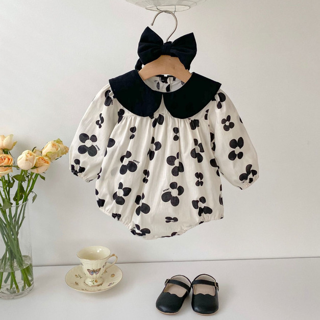 【BA807】韓版小黑花長袖包屁衣(送髮帶)(1色) 【BA807】韓版小黑花長袖包屁衣(送髮帶)(1色)