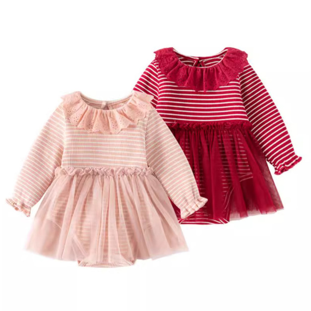 【BA817】韓版蕾絲花邊條紋網紗長袖包屁裙(2色) 【BA817】韓版蕾絲花邊條紋網紗長袖包屁裙(2色)