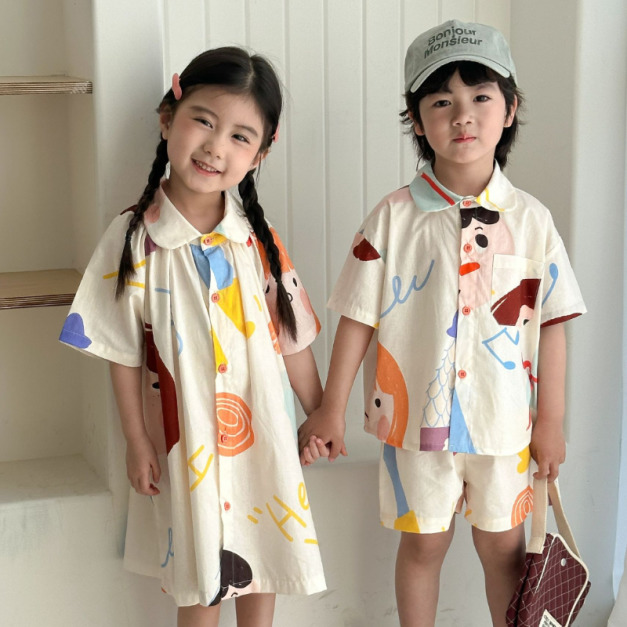 【BS234】日系塗鴉卡通人兄妹短袖洋裝套裝(1色) 【BS234】日系塗鴉卡通人兄妹短袖洋裝套裝(1色)