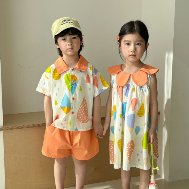 【BS236】日系繽紛彩色水滴兄妹短袖洋裝套裝(1色) 【BS236】日系繽紛彩色水滴兄妹短袖洋裝套裝(1色)