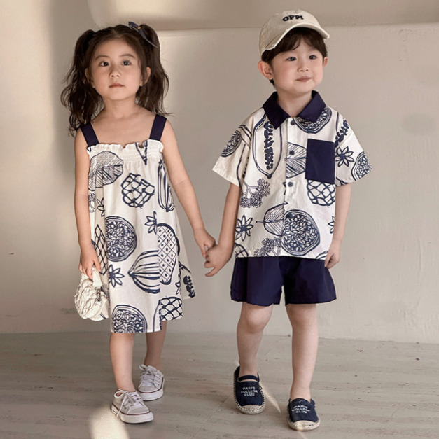 【BS247】日系線條水果兄妹短袖洋裝套裝(1色) 【BS247】日系線條水果兄妹短袖洋裝套裝(1色)