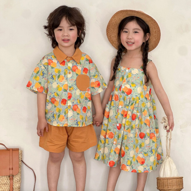 【BS244】日系水彩水果兄妹短袖洋裝套裝(1色) 【BS244】日系水彩水果兄妹短袖洋裝套裝(1色)