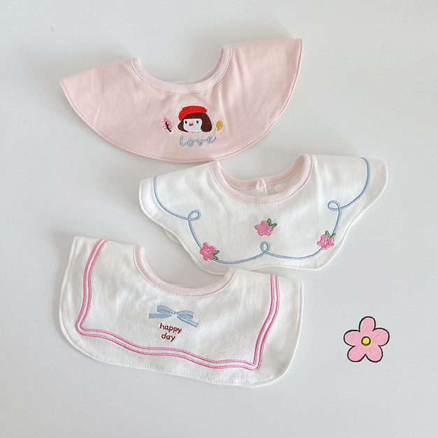 【BW270】韓版刺繡小塗鴉口水巾圍兜3條裝(小花女孩) 【BW270】韓版刺繡小塗鴉口水巾圍兜3條裝(小花女孩)