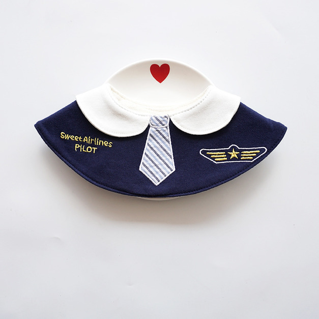 【BW231】韓版機長刺繡小領帶口水巾圍兜(深藍色) 【BW231】韓版機長刺繡小領帶口水巾圍兜(深藍色)