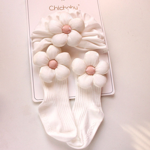 【BP045】歐美風白色寶寶帽子襪子套組(珠光大花) 【BP045】歐美風白色寶寶帽子襪子套組(珠光大花)