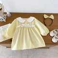 【BS292】韓版奶黃蝴蝶結花邊長袖包屁衣小洋裝(送髮箍)(1色)_3 【BS292】韓版奶黃蝴蝶結花邊長袖包屁衣小洋裝(送髮箍)(1色)_3