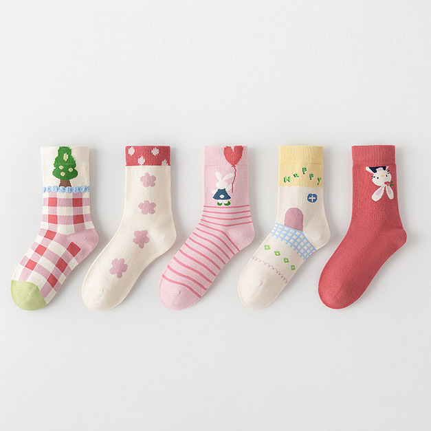 【SB121】童襪|日系小兔花茶加厚中筒襪(5雙1組) 【SB121】童襪|日系小兔花茶加厚中筒襪(5雙1組)