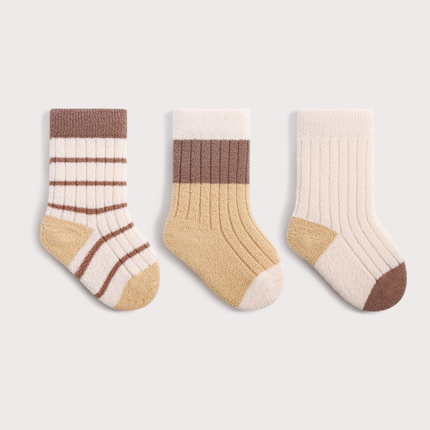 【SB173】童襪|日系黃咖條紋珊瑚絨加厚中筒襪(3雙1組) 【SB173】童襪|日系黃咖條紋珊瑚絨加厚中筒襪(3雙1組)