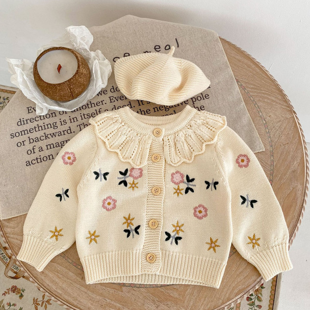 【BO077】繡花荷葉領針織長袖外套 【BO077】繡花荷葉領針織長袖外套