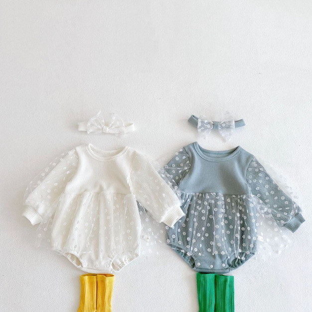 【BA896】韓系氣質花朵紗網長袖包屁衣(送髮帶)(2色) 【BA896】韓系氣質花朵紗網長袖包屁衣(送髮帶)(2色)