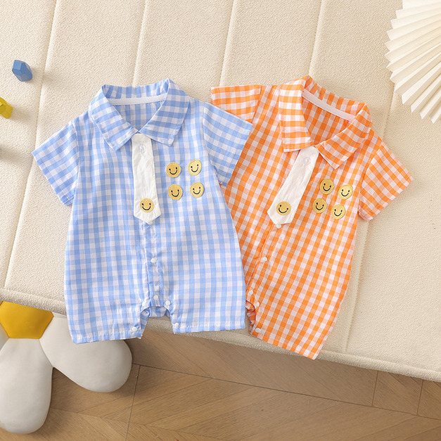 【BA1004】韓版格紋領帶笑臉短袖包屁衣(2色) 【BA1004】韓版格紋領帶笑臉短袖包屁衣(2色)