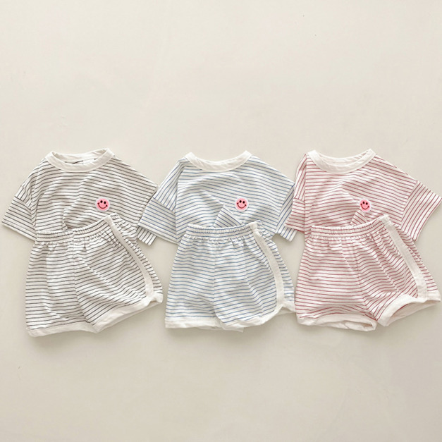 【BE276】韓版笑臉橫紋短袖短褲套裝(3色) 【BE276】韓版笑臉橫紋短袖短褲套裝(3色)