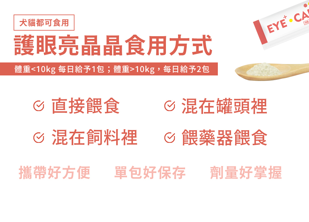 護眼亮晶晶保健品配方說明圖,列出金盞花萃取、枸杞、離胺酸與魚油等成分,並由獸醫師鍾育杉掛保證推薦,用於維持毛孩視覺健康。