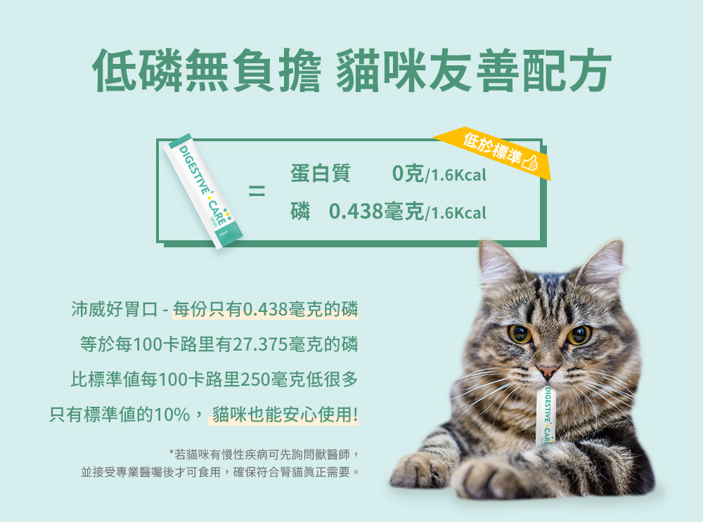 貓咪有腸胃敏感、但又擔心磷攝取超標嗎? PetWell Digestive+ Care 每包僅含 0.438 毫克磷,僅為標準值 10%,讓腎貓也能安心補菌守腸胃! ✔ 每日定量無負擔 ✔ 適合挑食、軟便、口臭貓咪