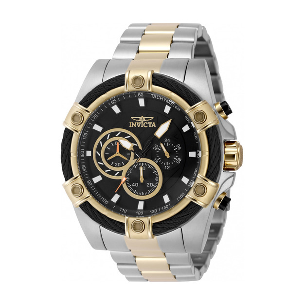 INVICTA |Bolt 三眼計時 黑面 銀+金色不鏽鋼錶帶 鋼索造型 石英錶(48868) INVICTA |Bolt 三眼計時 黑面 銀+金色不鏽鋼錶帶 鋼索造型 石英錶(48868)