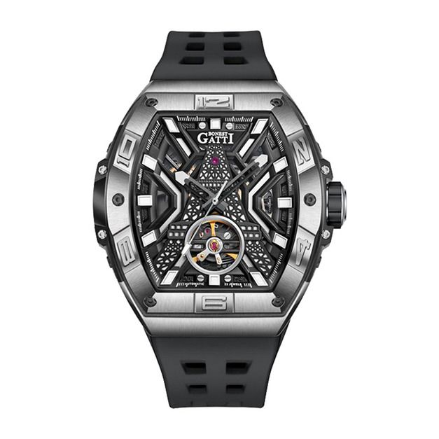 布加迪 | 王者裝置系列 黑色 銀框 巴黎鐵塔造型面盤 氟橡膠錶帶 自動上鍊機械腕錶 45mm (BG9970-A2) 布加迪 | 王者裝置系列 黑色 銀框 巴黎鐵塔造型面盤 氟橡膠錶帶 自動上鍊機械腕錶 45mm (BG9970-A2)