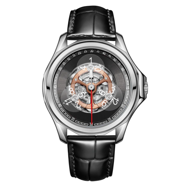 OBLVLO|銀框 黑面 鏤空機械腕錶 黑色皮革錶帶 男錶 DK-STA-YBB OBLVLO|銀框 黑面 鏤空機械腕錶 黑色皮革錶帶 男錶 DK-STA-YBB