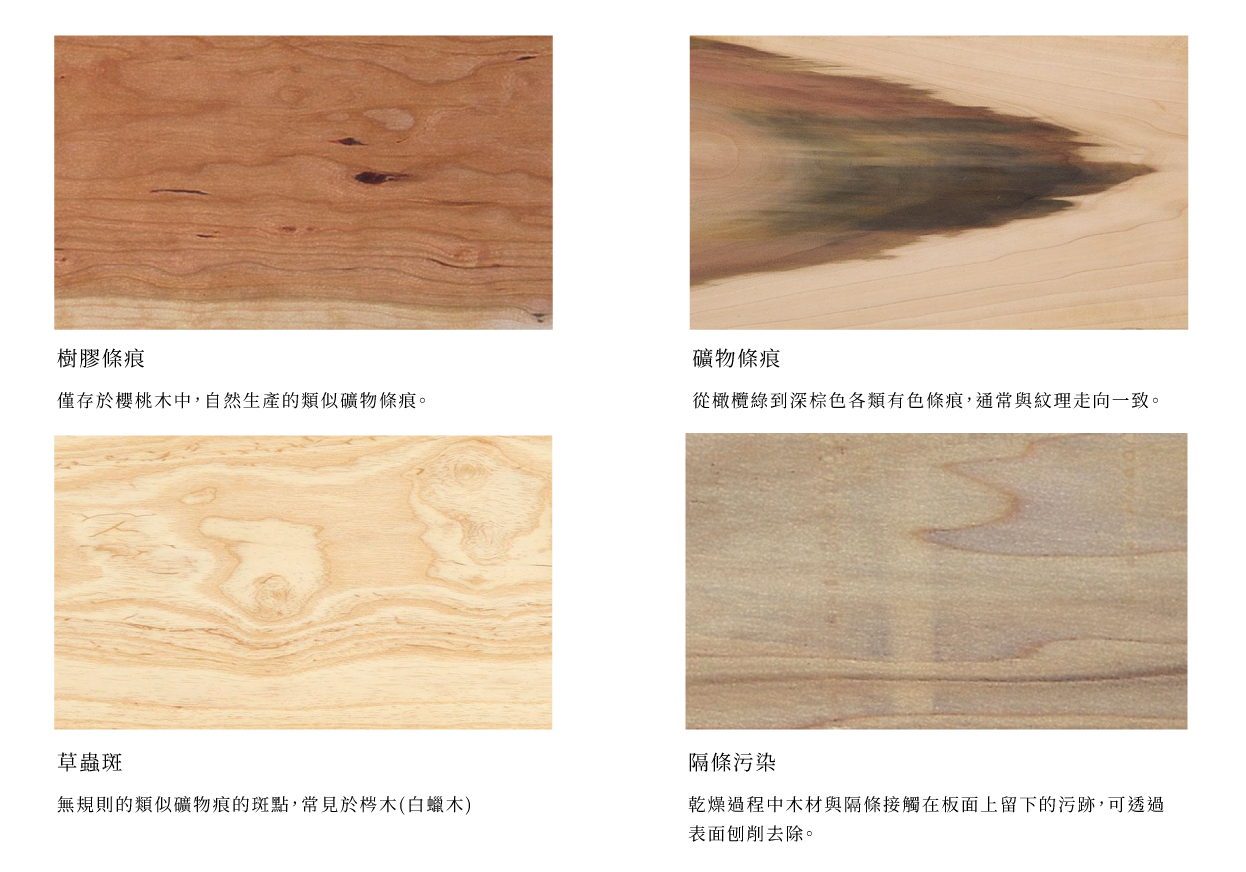 木材天然色差與礦物條紋示意,樹膠條痕(僅存於櫻桃木中,自然生產的類似礦物條痕。)、礦物條痕 (從橄欖綠到深棕色各類有色條痕,通常與紋理走向一致。)、草蟲斑(無規則的類似礦物痕的斑點,常見於梣木(白蠟木) 、隔條污染(乾燥過程中木材與隔條接觸在板面上留下的污跡,可透過表面刨削去除。)
