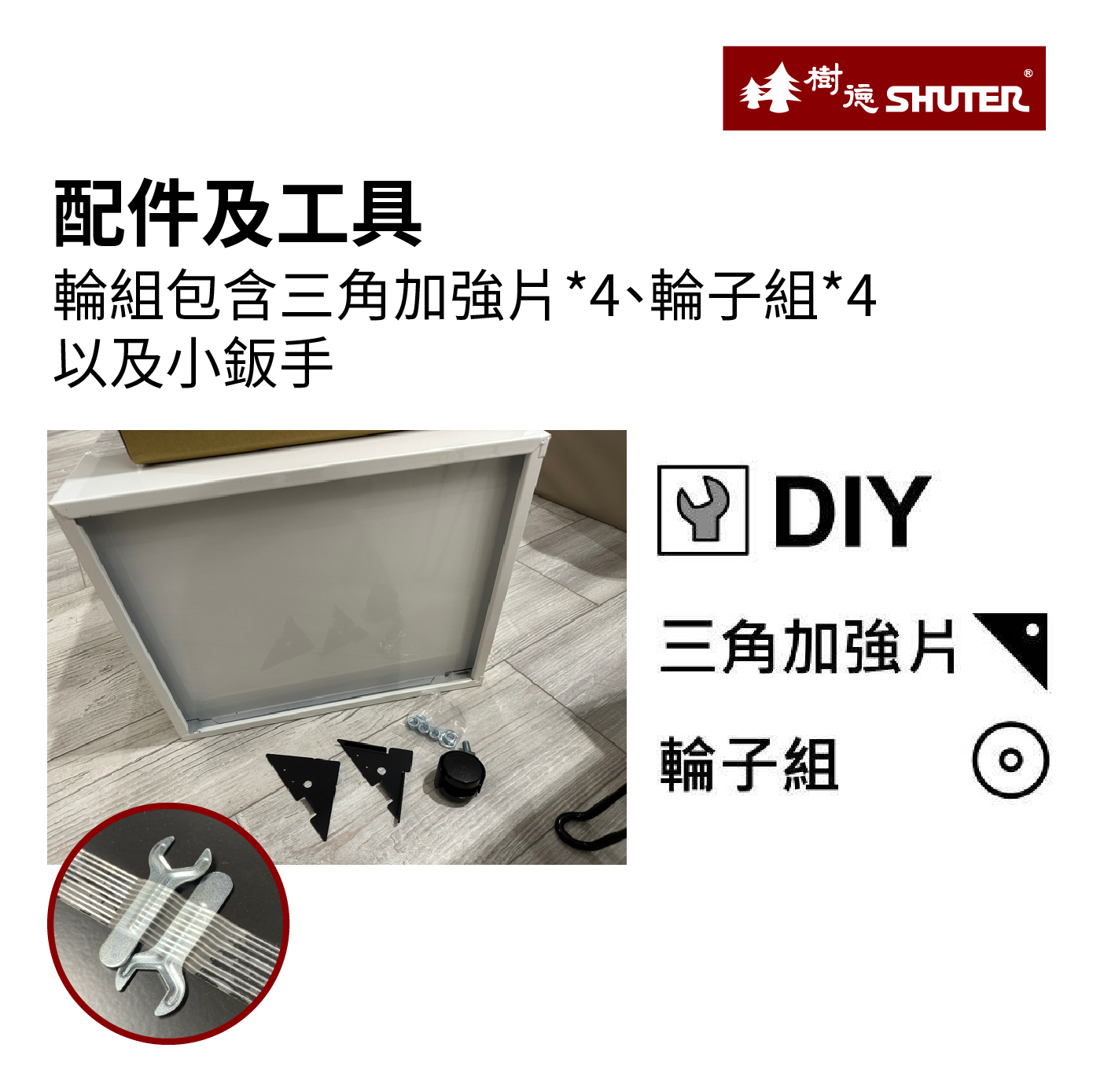 輪組包含三角加強片*4、輪子組*4以及小鈑手