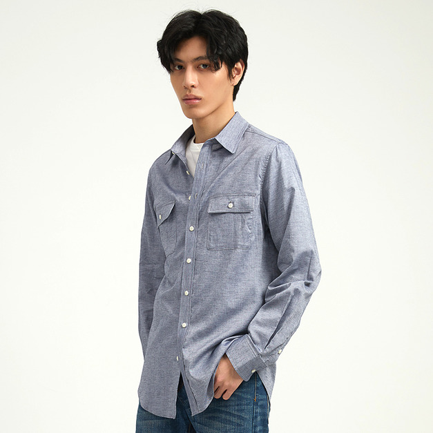 男士亞麻休閒襯衫-灰藍 男士亞麻休閒襯衫-灰藍
