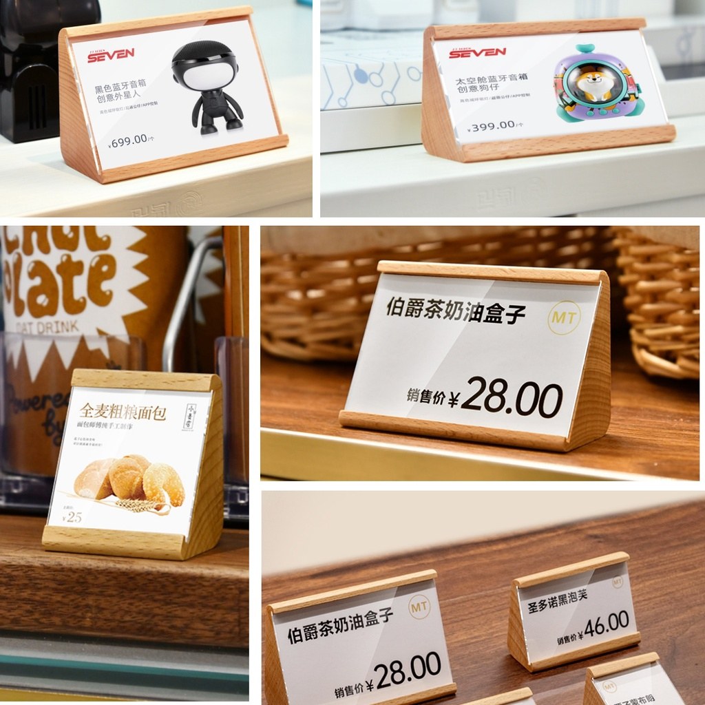 櫸木三角展示牌在咖啡與食品店的實際擺放:價格與品名標示