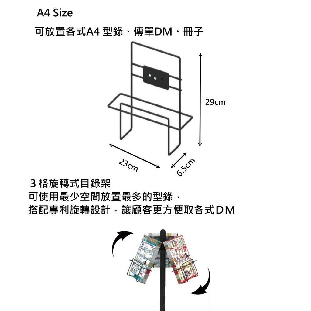 3 格旋轉式目錄架:A4 尺寸,格子約 29 × 23 × 6.5 cm,可旋轉取資料