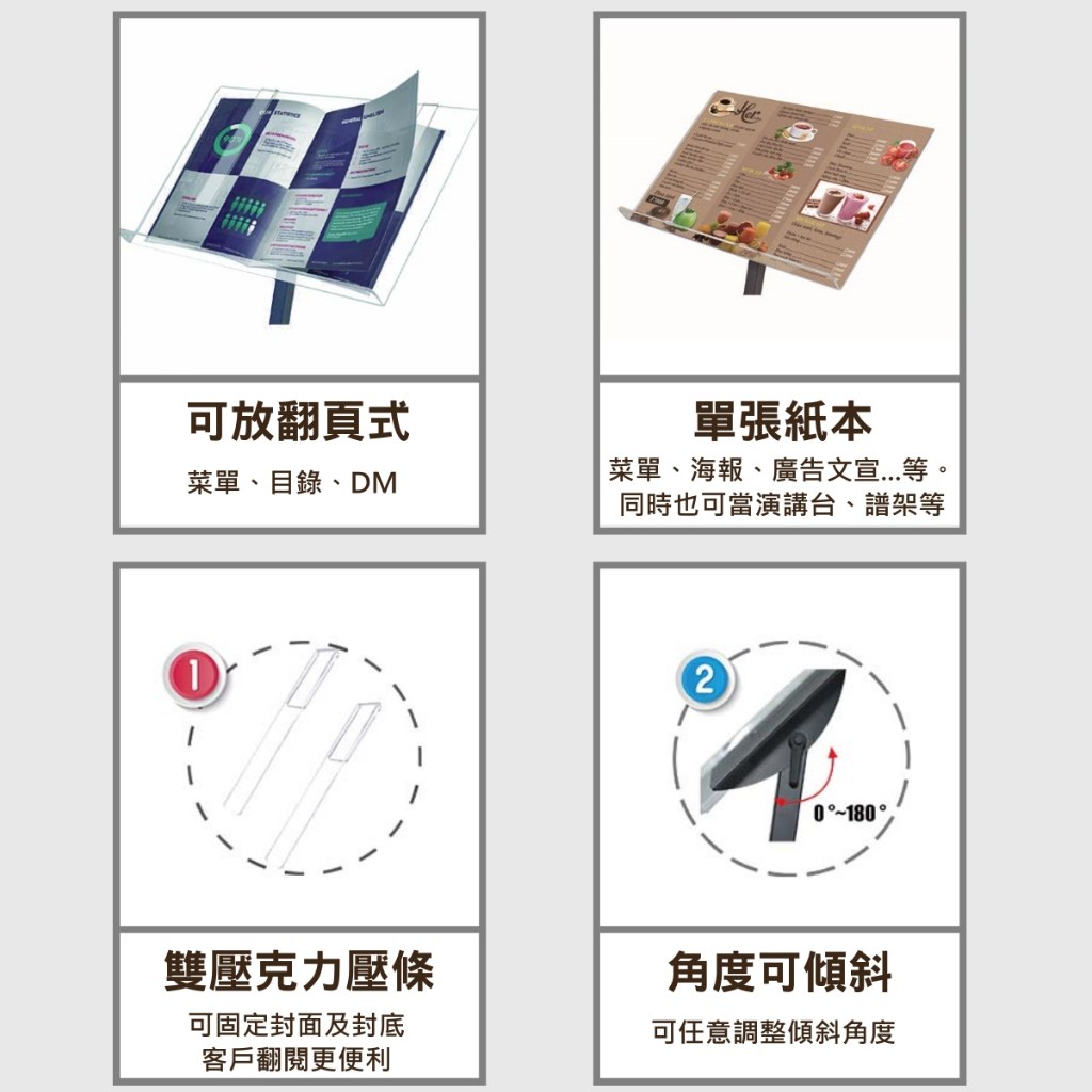 立地菜單架特色:可放翻頁式菜單目錄 DM、單張紙本菜單海報文宣、雙壓克力壓條固定封面封底、角度可任意調整傾斜