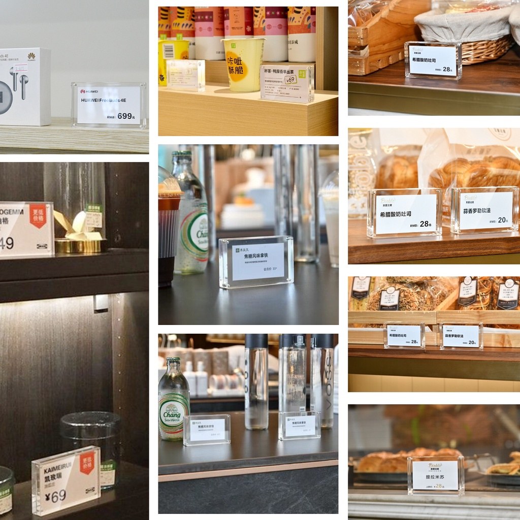 磁吸壓克力立牌擺放在麵包店、展示櫃與櫃檯上的實景