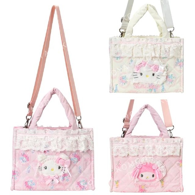 ▲預購特價【限購】Sanrio 三麗鷗 尼龍絎縫手提肩背兩用包 (蕾絲嫁紗) Kitty 美樂蒂 Charmmy