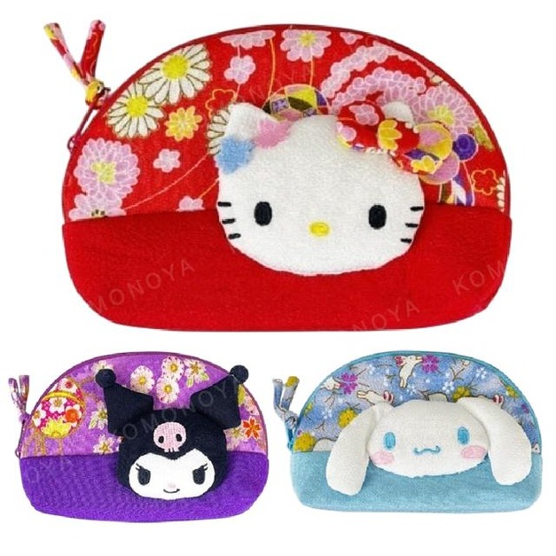 Sanrio 三麗鷗 絨毛大臉半圓化妝包 L (和風款) Kitty 酷洛米 大耳狗