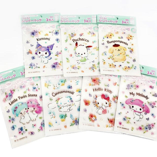 Sanrio 三麗鷗 長方形磨砂夾鏈袋3入組 (花卉 銅板小物) Sanrio 三麗鷗 長方形磨砂夾鏈袋3入組 (花卉 銅板小物)