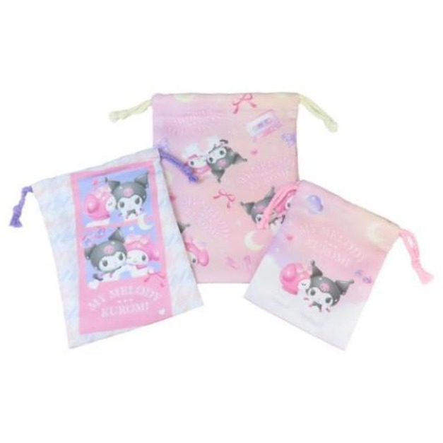 Sanrio 三麗鷗 美樂蒂 酷洛米 尼龍束口袋3入組 (粉彩樂園)