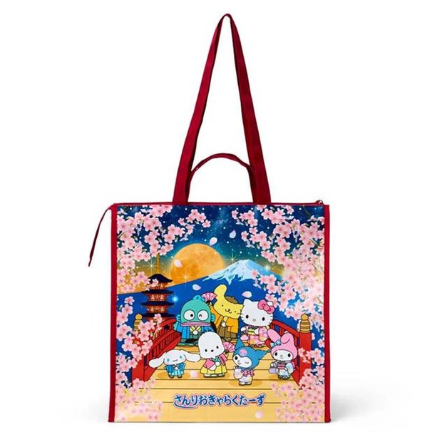 Sanrio 三麗鷗大集合 手提肩背防水拉鍊購物袋 (夜櫻款)