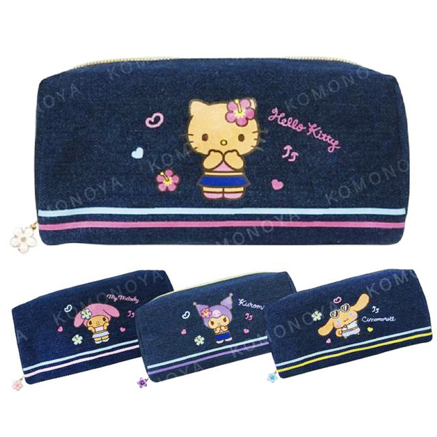 Sanrio 三麗鷗 牛仔布方形拉鍊筆袋 (曬黑扶桑花款) Kitty 美樂蒂 酷洛米 大耳狗