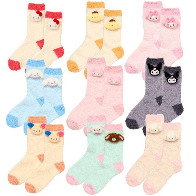 Sanrio 三麗鷗 成人絨毛玩偶中筒襪 23-25cm (大臉款) Kitty 美樂蒂 布丁狗 花小兔