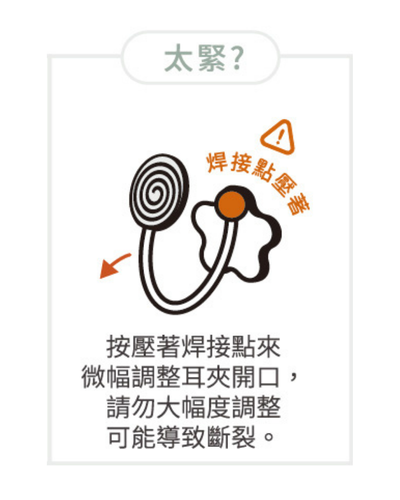 耳夾太緊的解法:按壓焊接點微幅調大開口,勿大幅調整以免斷裂