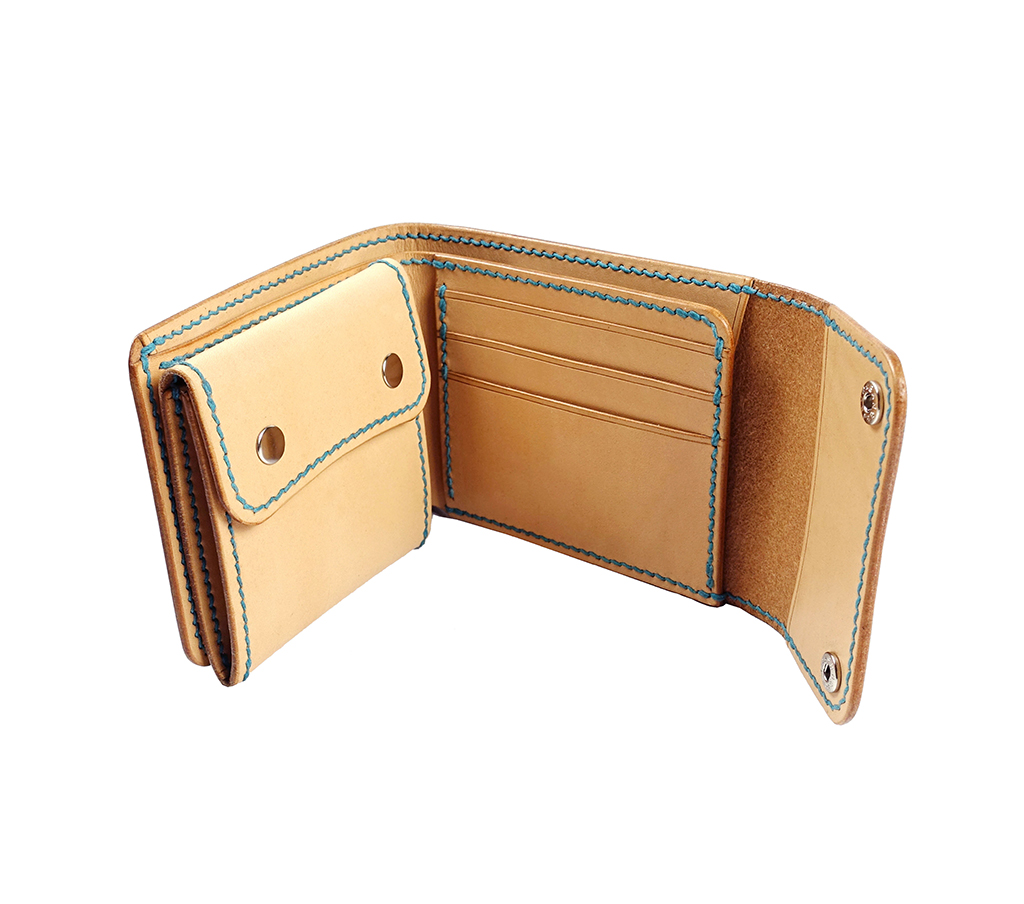 三折立體零錢包短夾完全展開示意圖,包含大格鈔票層、三卡夾與立體零錢包,植鞣革手縫細節清晰呈現