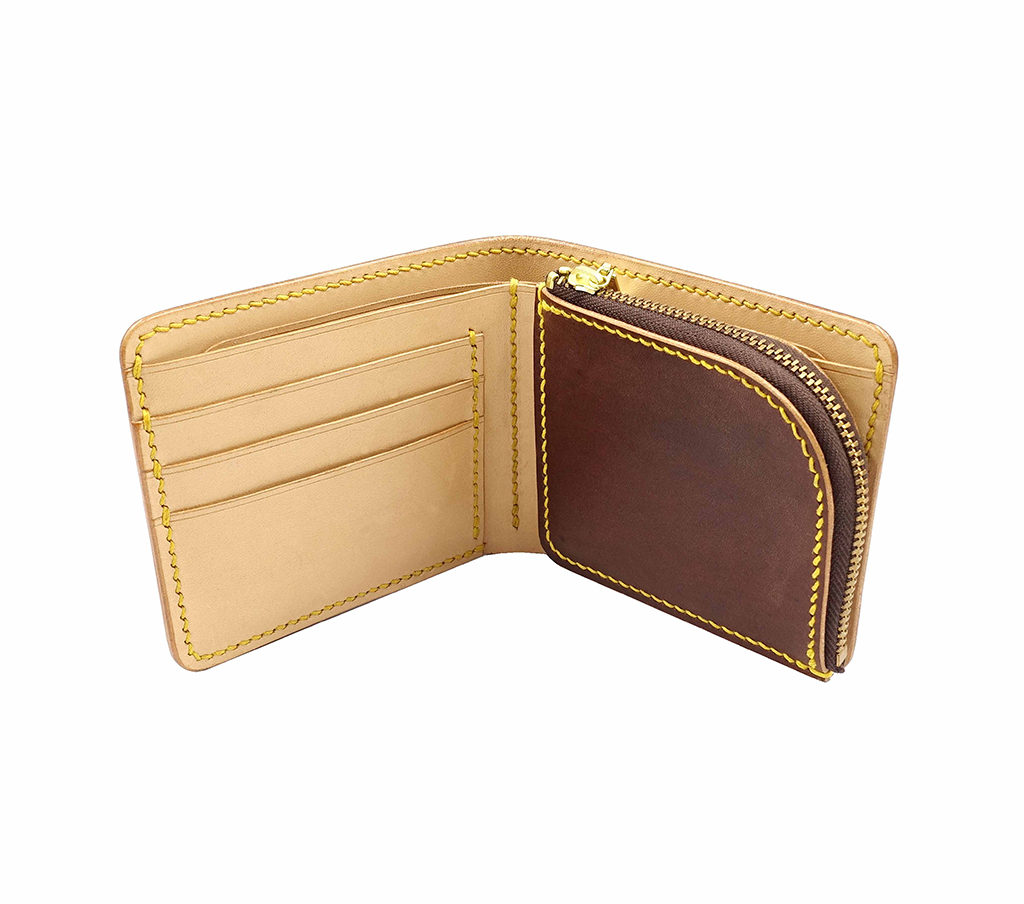 拉鍊零錢包短夾完整展開畫面,雙層鈔票夾層、卡片層與立體零錢包收納配置展示