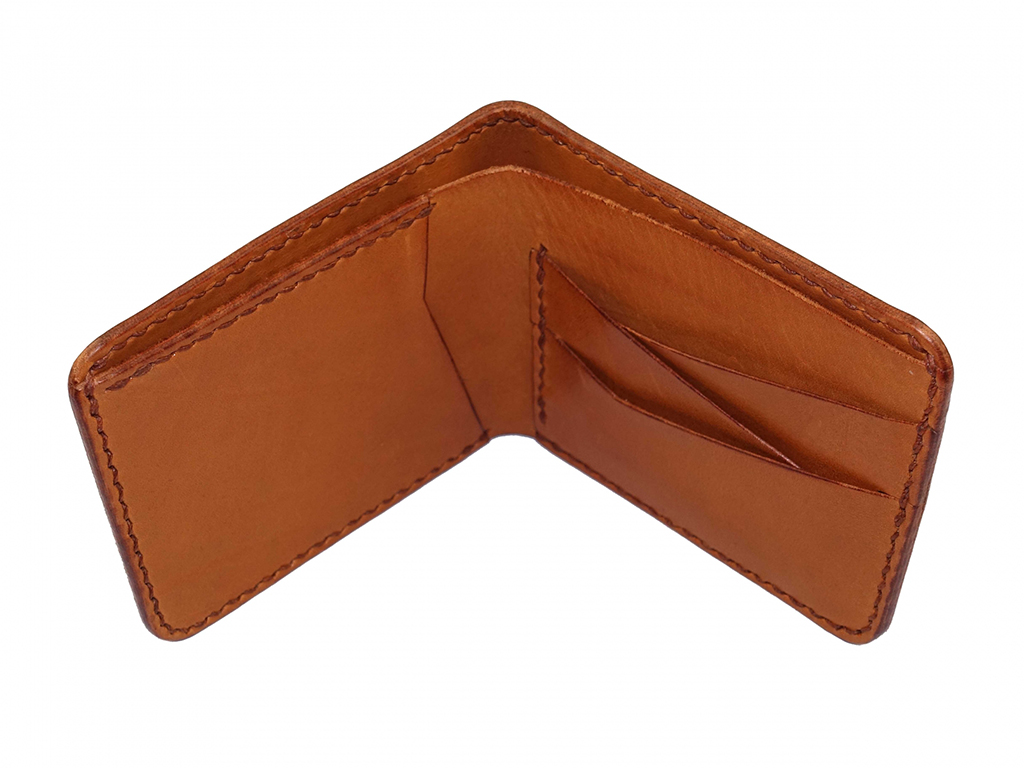 幾何短夾內部立體展示,右側 R 幾何線條卡層設計,義大利植鞣革手縫皮革短夾