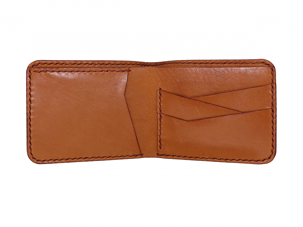 幾何短夾外觀正面,兩折設計與細緻手縫邊線,植鞣革皮革短夾成品